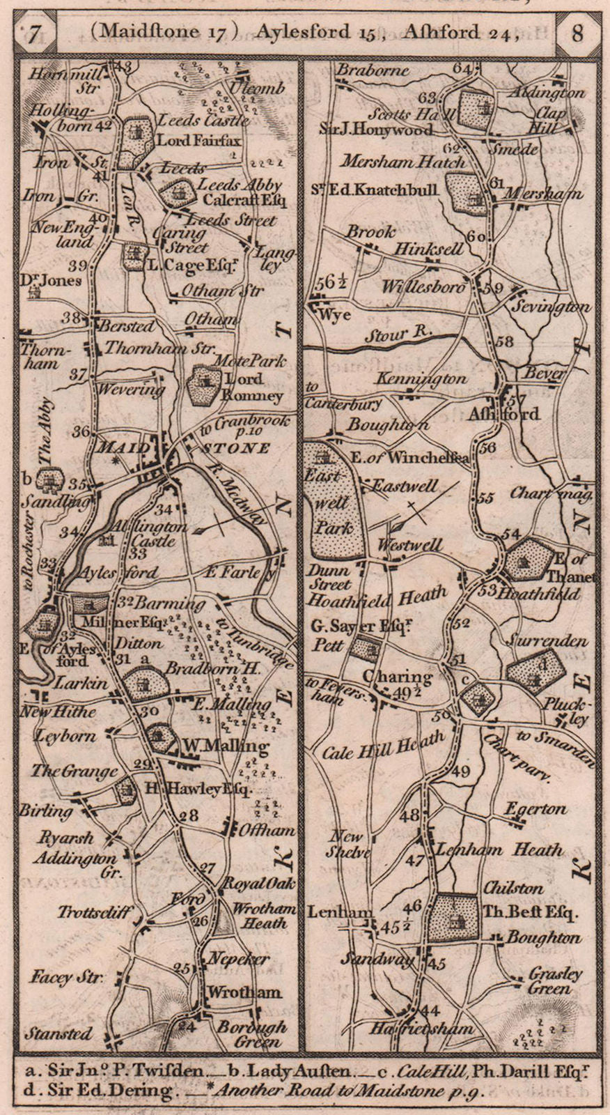 Wrotham-Aylesford-Maidstone-Ashford-Mersham road strip map PATERSON 1803
